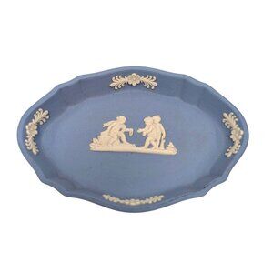 Vtg Wedgewood Jasperware Trinket Dish 77 Blue Oval Neoclassical Relief 4.5"
